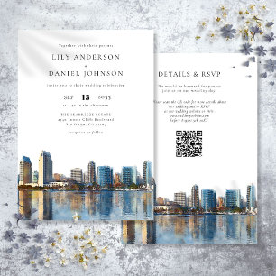 San Diego Skyline Watercolor QR Code Wedding Invitation