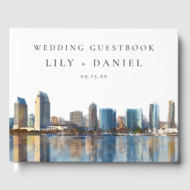 San Diego Skyline Watercolor Wedding Guest Book (Front)