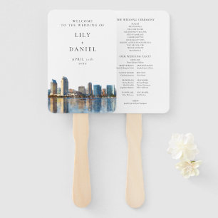 San Diego Skyline Watercolor Wedding Program Hand Fan