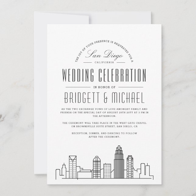 San Diego Wedding | Modern Deco City Skyline  Invitation (Front)