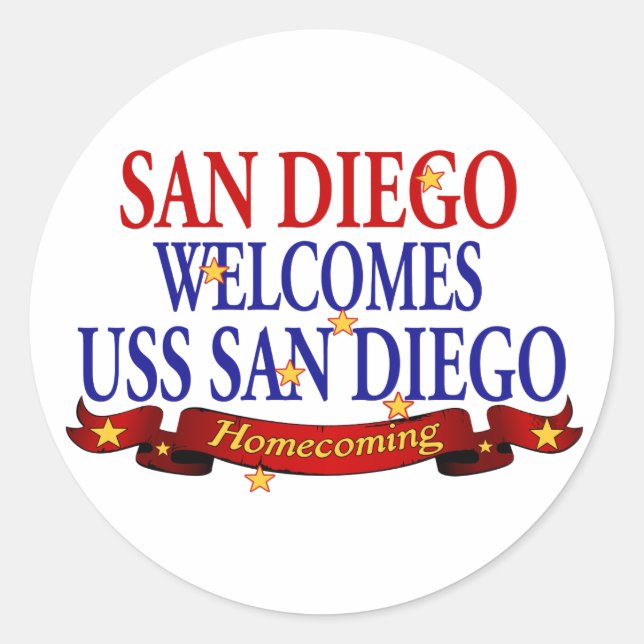San Diego Welcomes USS San Diego Classic Round Sticker (Front)
