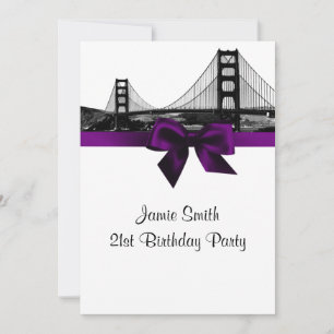 San Fran Skyline Etched BW Purple Birthday Party Invitation