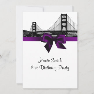 San Fran Skyline Etched BW Purple Birthday Party Invitation