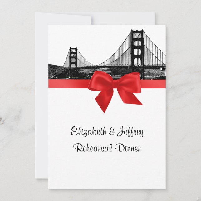 San Fran Skyline Etched BW Red Rehearsal Dinner Invitation (Front)