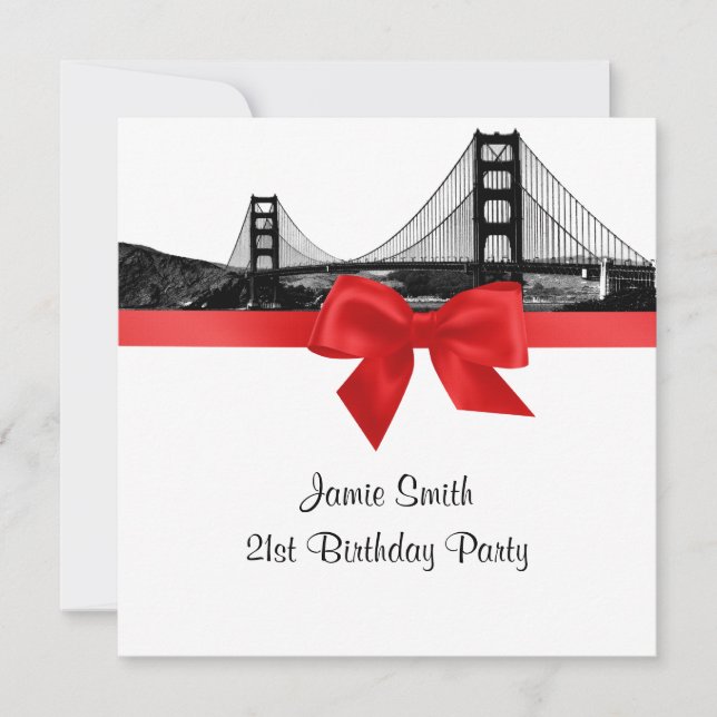 San Fran Skyline Etched BW Red SQ Birthday Party Invitation (Front)