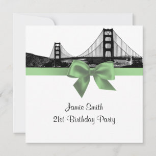 San Fran Skyline Etched BW Sage Green SQ Birthday Invitation