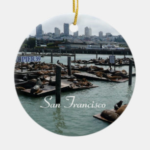 San Francisco and Pier 39 Sea Lions City Skyline Ceramic Tree Decoration