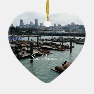 San Francisco and Pier 39 Sea Lions City Skyline Ceramic Tree Decoration