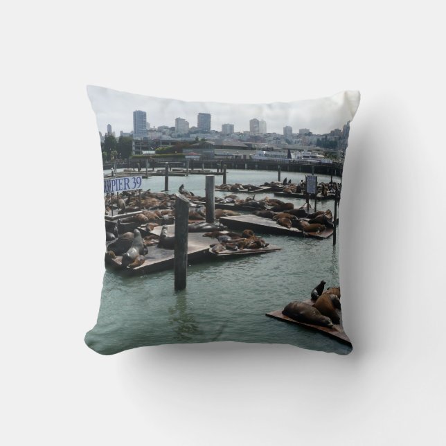 San Francisco and Pier 39 Sea Lions City Skyline Cushion (Front)