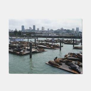 San Francisco and Pier 39 Sea Lions City Skyline Doormat