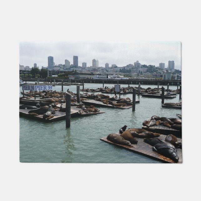 San Francisco and Pier 39 Sea Lions City Skyline Doormat (Front)