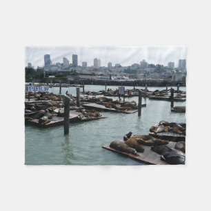 San Francisco and Pier 39 Sea Lions City Skyline Fleece Blanket