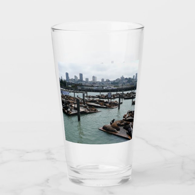 San Francisco and Pier 39 Sea Lions City Skyline Glass (Front)