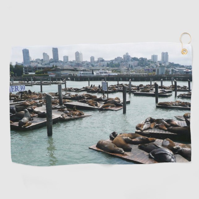 San Francisco and Pier 39 Sea Lions City Skyline Golf Towel (Horizontal)