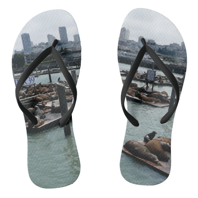 San Francisco and Pier 39 Sea Lions City Skyline Jandals (Footbed)