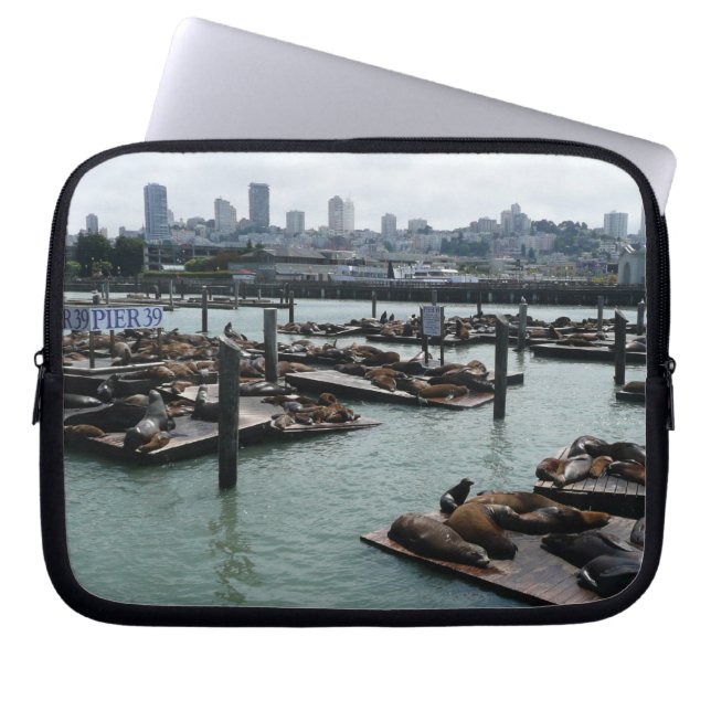 San Francisco and Pier 39 Sea Lions City Skyline Laptop Sleeve (Front)