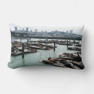San Francisco and Pier 39 Sea Lions City Skyline Lumbar Cushion