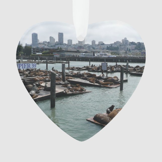 San Francisco and Pier 39 Sea Lions City Skyline Ornament (Front)
