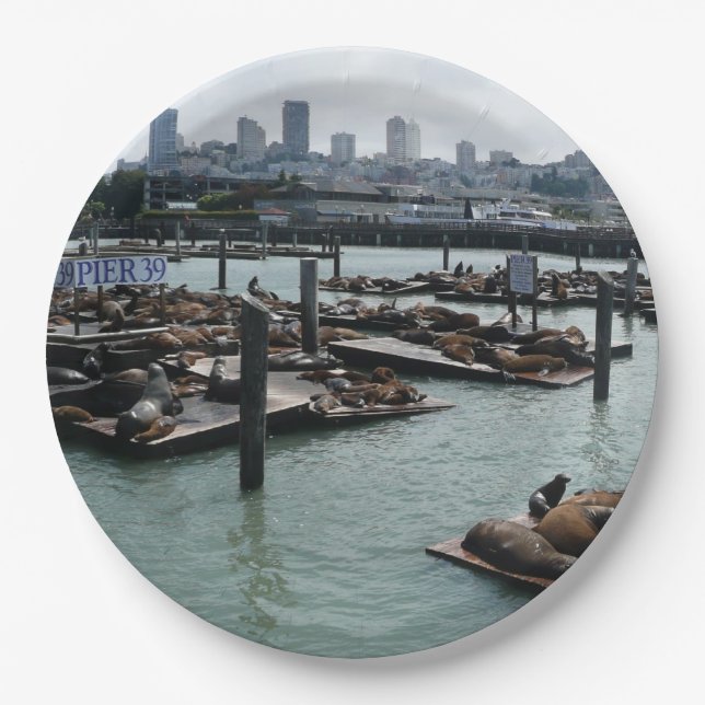 San Francisco and Pier 39 Sea Lions City Skyline Paper Plate (Front)
