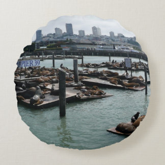 San Francisco and Pier 39 Sea Lions City Skyline Round Cushion