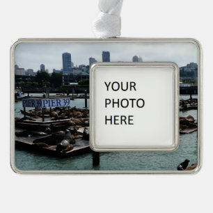 San Francisco and Pier 39 Sea Lions City Skyline Silver Plated Framed Ornament