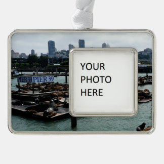 San Francisco and Pier 39 Sea Lions City Skyline Silver Plated Framed Ornament