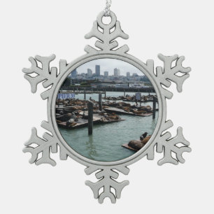 San Francisco and Pier 39 Sea Lions City Skyline Snowflake Pewter Christmas Ornament