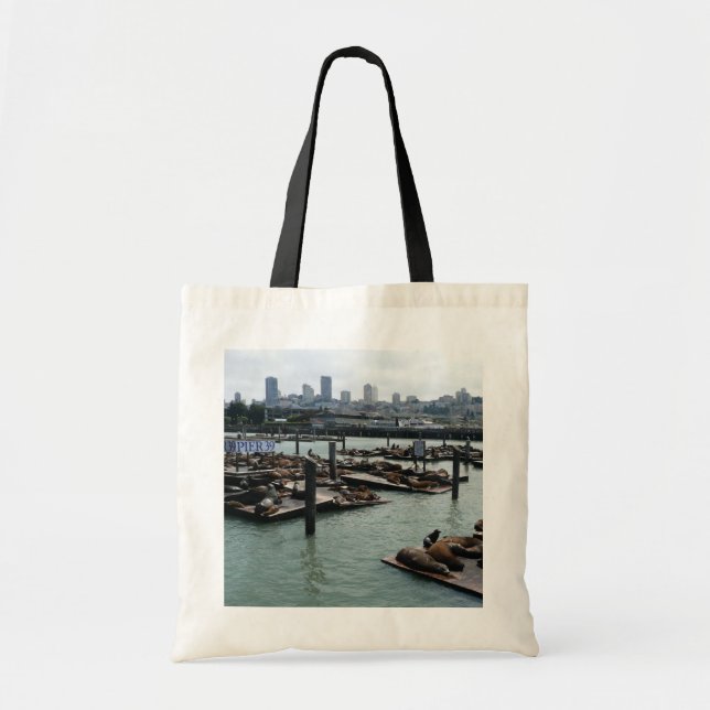 San Francisco and Pier 39 Sea Lions City Skyline Tote Bag (Front)
