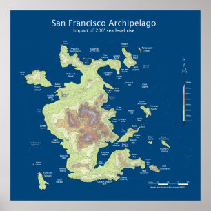 San Francisco Archipelago, 200' sea level rise 24" Poster