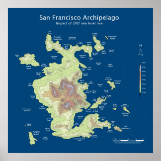 San Francisco Archipelago, 200' sea level rise 24" Poster