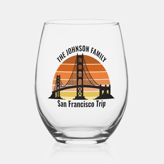 San Francisco Bridge Sunset Custom Trip Souvenir Stemless Wine Glass (Front)