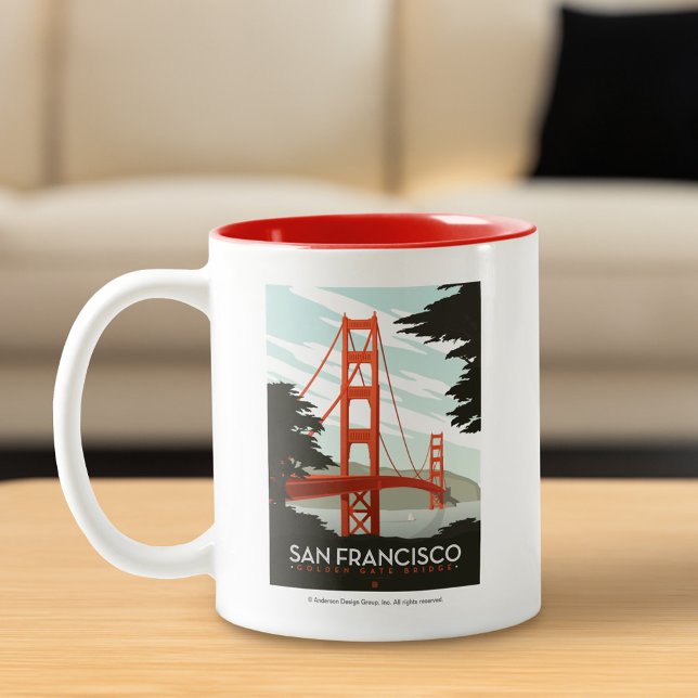 San Francisco, CA - Golden Gate Bridge Two-Tone Coffee Mug (Mug on table)