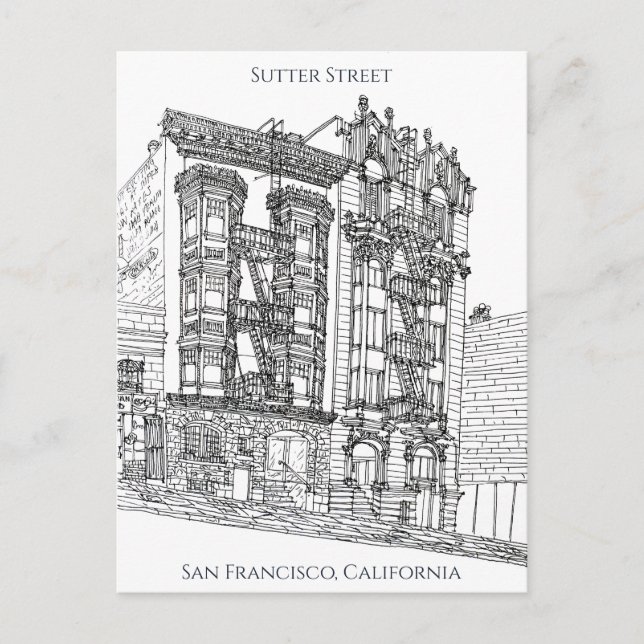 San Francisco, CA | Sutter Street Drawing Postcard (Front)