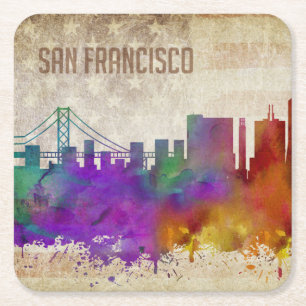 San Francisco, CA Watercolor City Skyline Square Paper Coaster