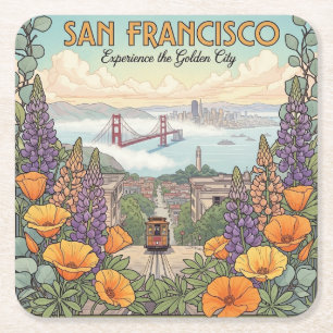 San Francisco Cable Car Postcard Square Paper Coaster