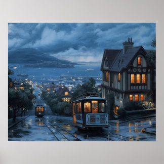 San Francisco Cable Car Twilight - Moody Alcatraz Poster