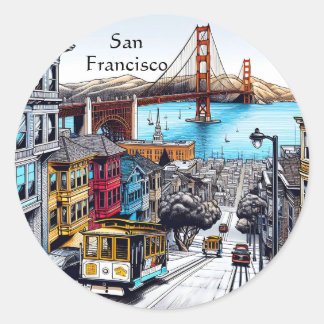 San Francisco, California Comic Book Style Art Classic Round Sticker