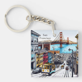 San Francisco, California Comic Book Style Art Key Ring