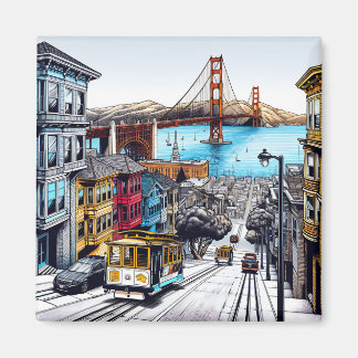 San Francisco, California Comic Book Style Art Magnet