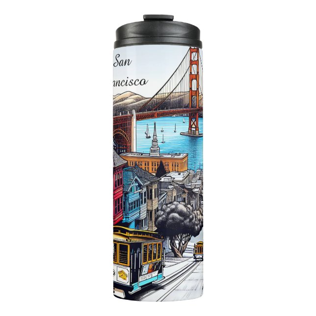 San Francisco, California Comic Book Style Art Thermal Tumbler (Front)