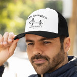 San Francisco California Golden Gate Landscape Trucker Hat<br><div class="desc">Vintage design with image of the iconic Golden Gate of the beautiful city of San Francisco California. San Francisco, in northern California, is a mountain city at the tip of a peninsula surrounded by the Pacific Ocean and San Francisco Bay. Famous for its year-round fog, the iconic Golden Gate Bridge...</div>