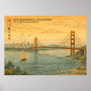 San Francisco California Skyline in Japanese Ukiyo Poster
