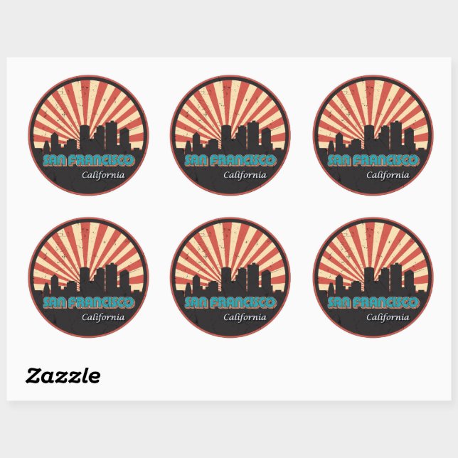 San Francisco California State Skyline Retro 70s Classic Round Sticker (Sheet)