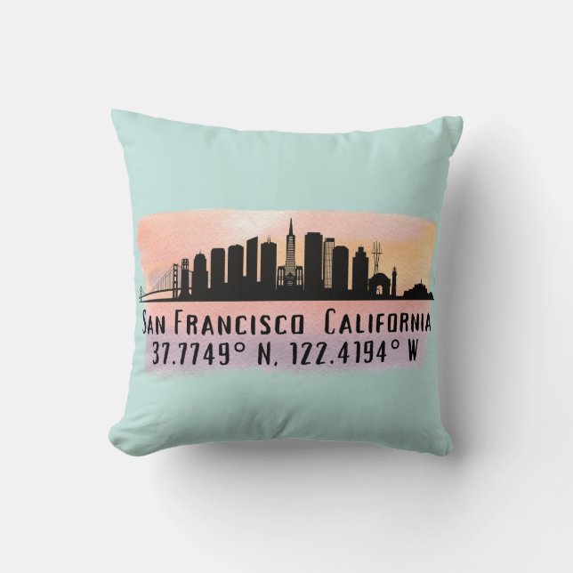 San Francisco City Skyline Latitude and Longitude  Cushion (Front)