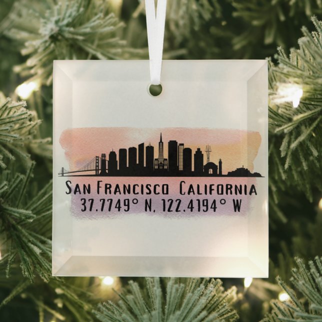 San Francisco City Skyline Latitude and Longitude  Glass Tree Decoration (Insitu)