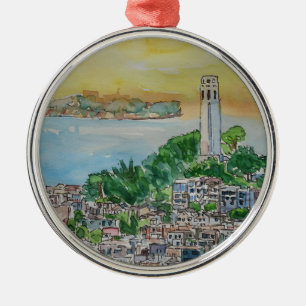 San Francisco Dusk Sunset Over Coit Tower Metal Tree Decoration