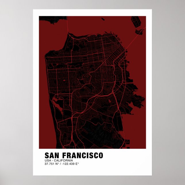 San Francisco Map Poster - California Red Map  (Front)