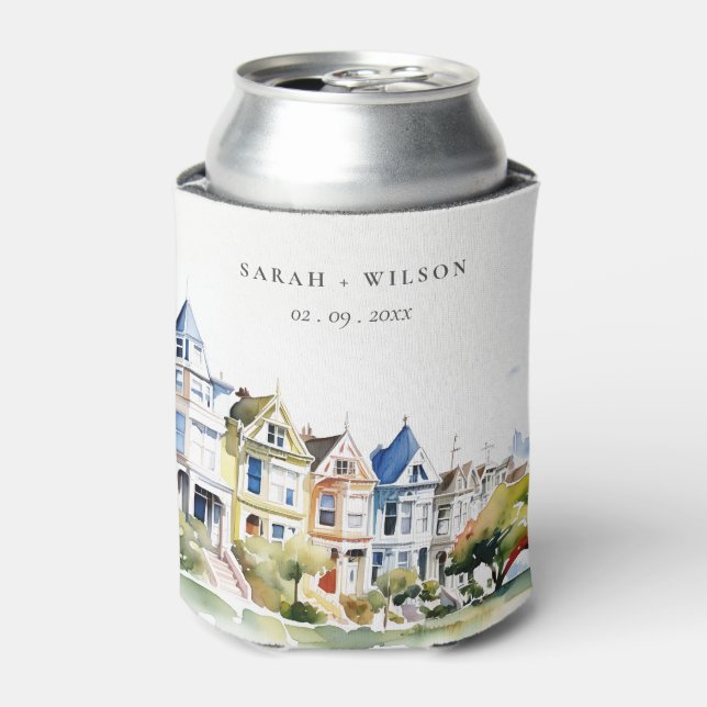 San Francisco Painted Ladies Landscape Wedding Can Cooler (Can Front)