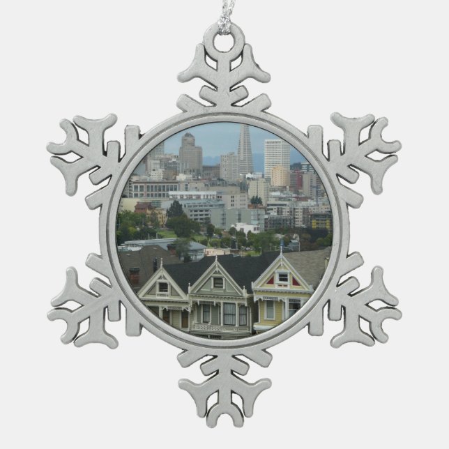 San Francisco Postcard Row City Scene Photography Snowflake Pewter Christmas Ornament (Front)