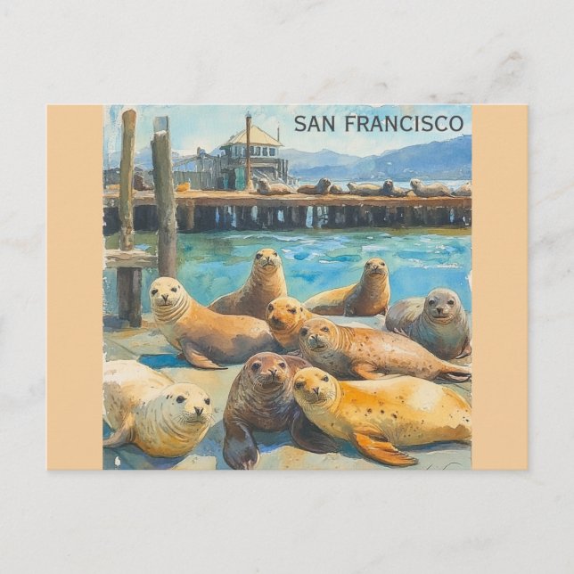 San Francisco Sea Lions Pier 39 Watercolor Postcard (Front)